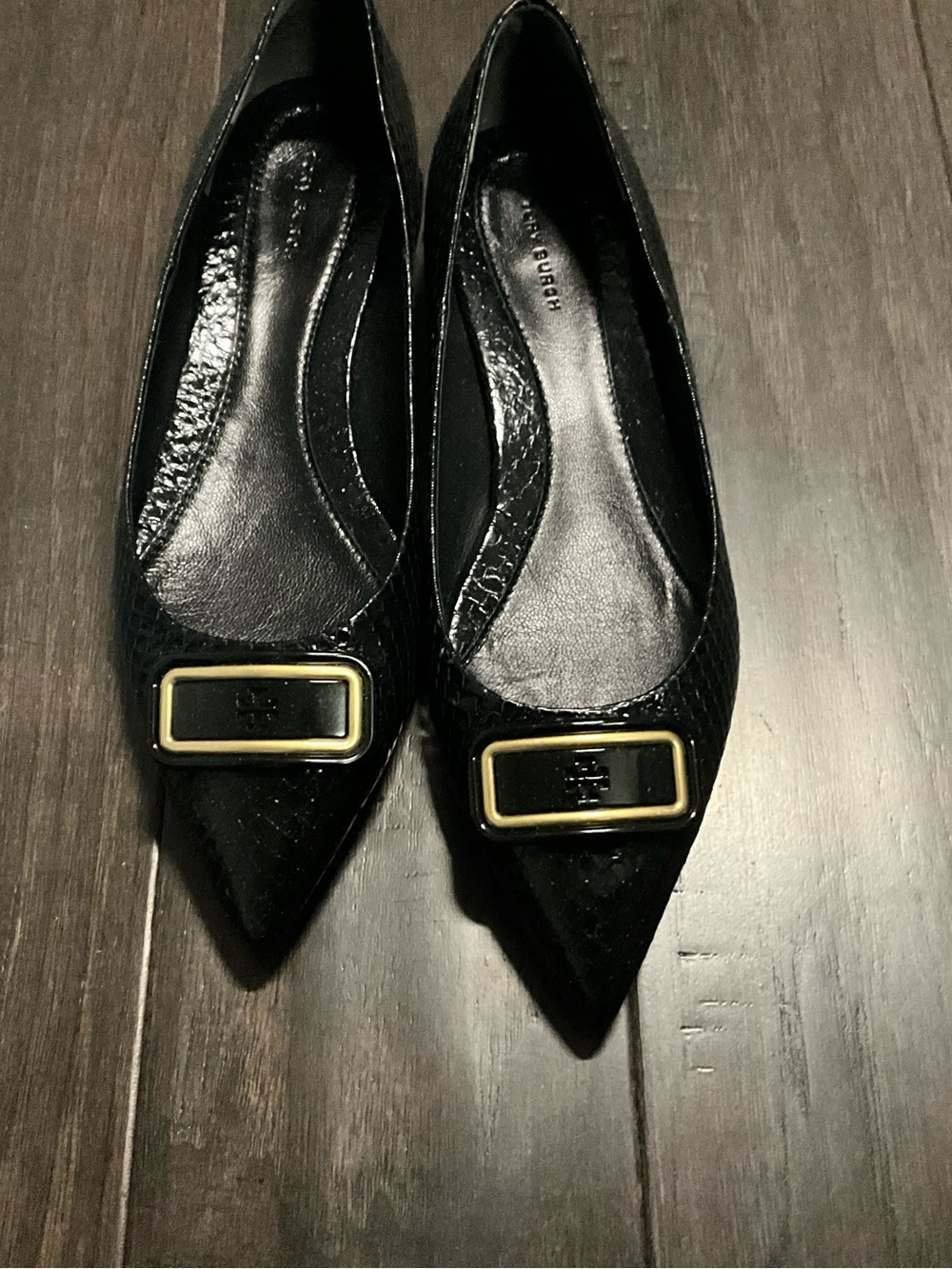 Tory Burch Black Pointed Leather Flats with Gold Buckle Detail